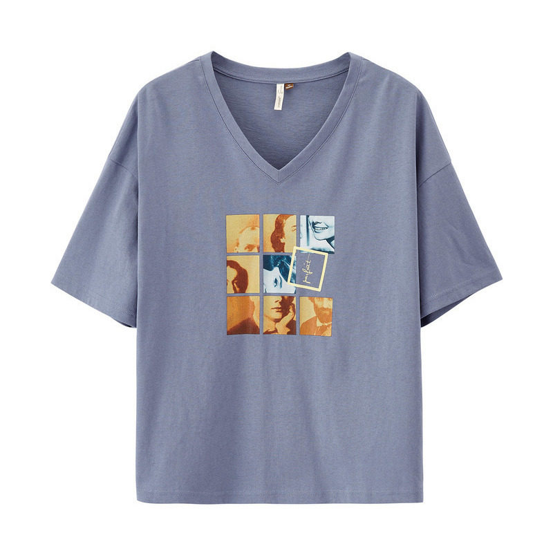 茵曼大领口v领短袖女宽松体恤t恤 茵曼翰飞T恤