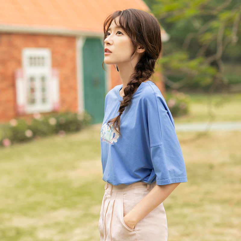 茵曼旗舰店特价清仓短袖女新款中袖 茵曼翰飞T恤