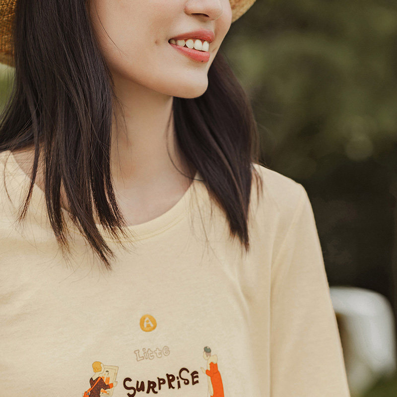 茵曼纯棉七分袖2020年新款潮中t恤 茵曼田田极客T恤