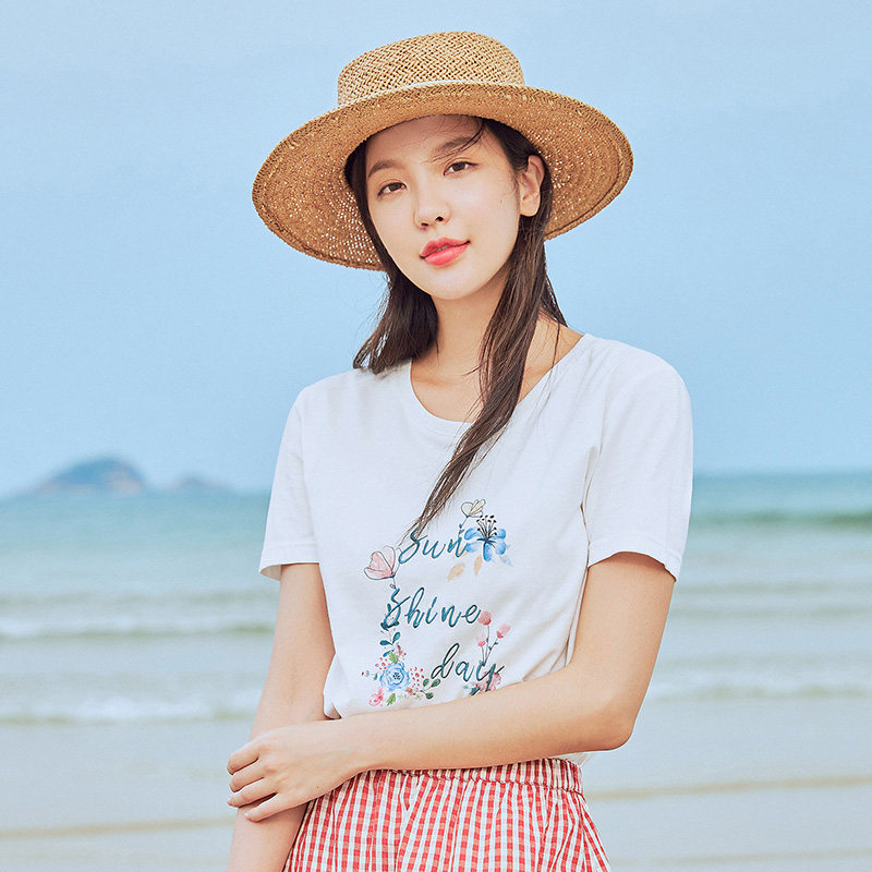 茵曼旗舰店茵蔓纯棉大领口半袖t恤 茵曼翰飞T恤