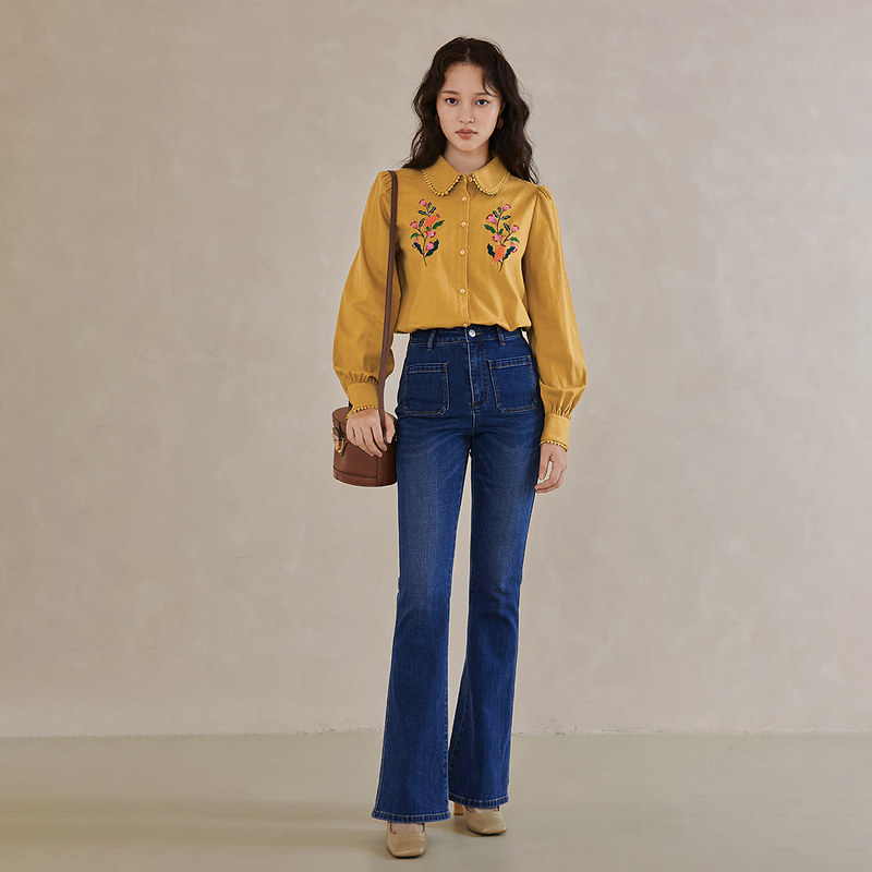 茵曼绣花长袖2022春季新款宽松衬衫 茵曼筱茵衬衫