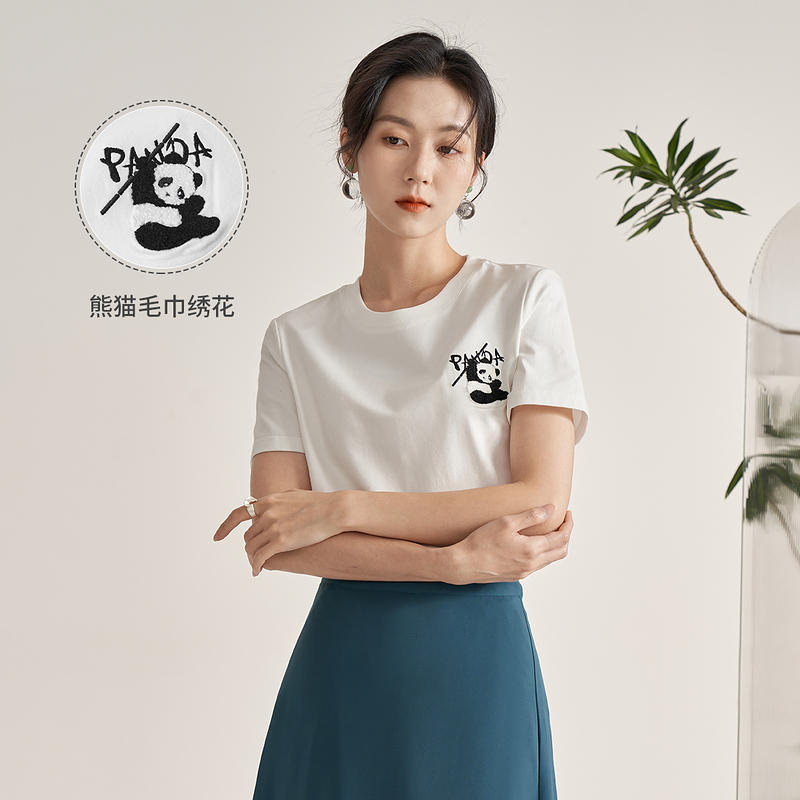 茵曼女装官方旗舰店短袖白T恤女士2023夏季新款体桖正肩短款半袖