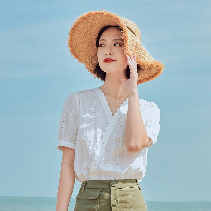 茵曼短袖女设计感小众2020夏装衬衫 茵曼筱茵衬衫