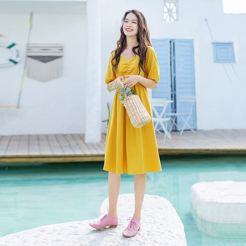 茵曼旗舰店2020夏装新方领公主裙 茵曼筱茵连衣裙