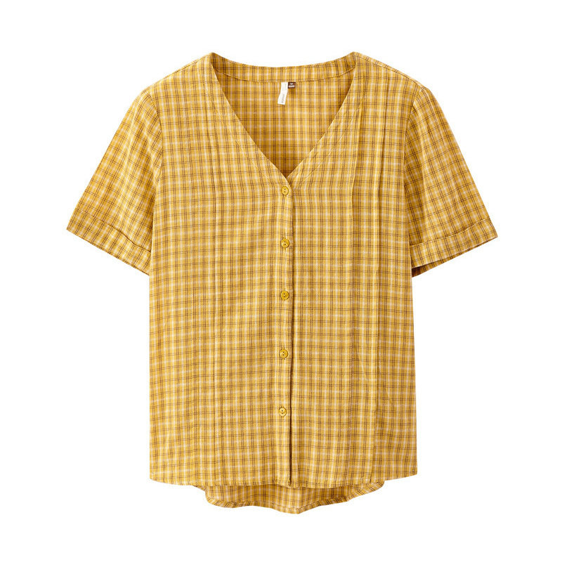 茵曼女装夏法式桔梗复古格子姜黄色 茵曼翰飞衬衫