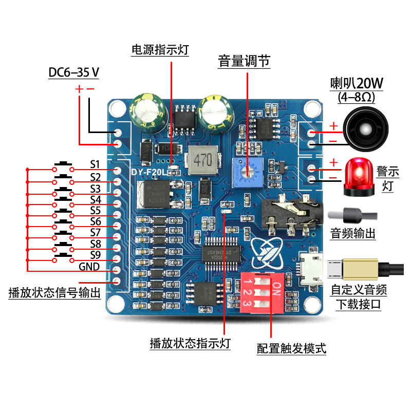 语音播放芯片模块MP3播报一对一触发控制播放器USB下载开关量电平 - 图1