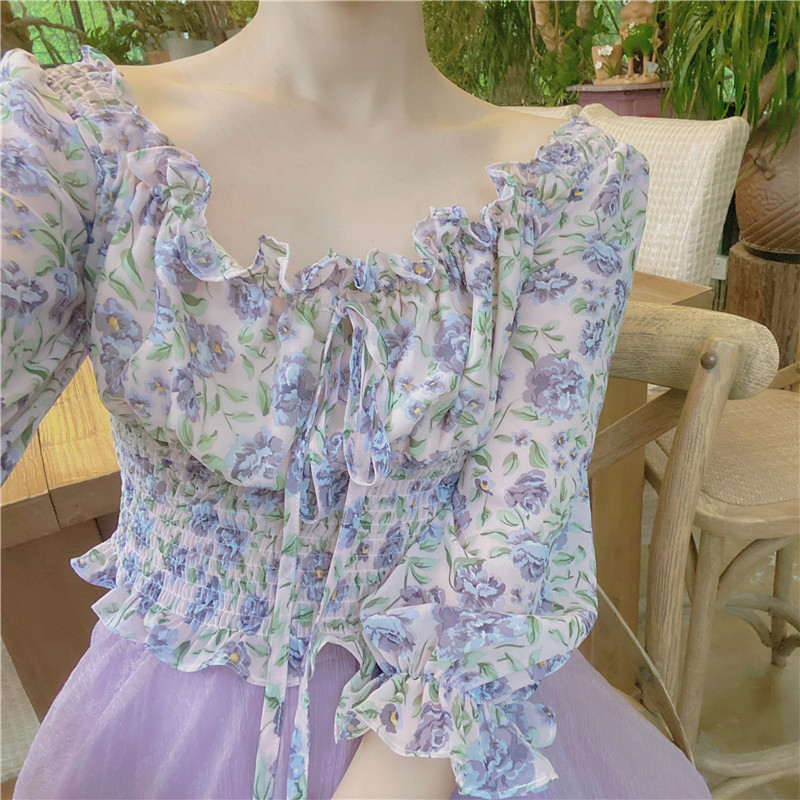 仙气夏季印花法式蓝莓之夜雪纺衫 PINK STAR SHOP蕾丝衫/雪纺衫