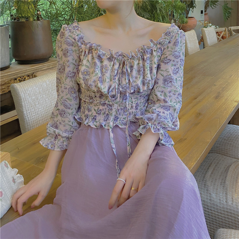 仙气夏季印花法式蓝莓之夜雪纺衫 PINK STAR SHOP蕾丝衫/雪纺衫