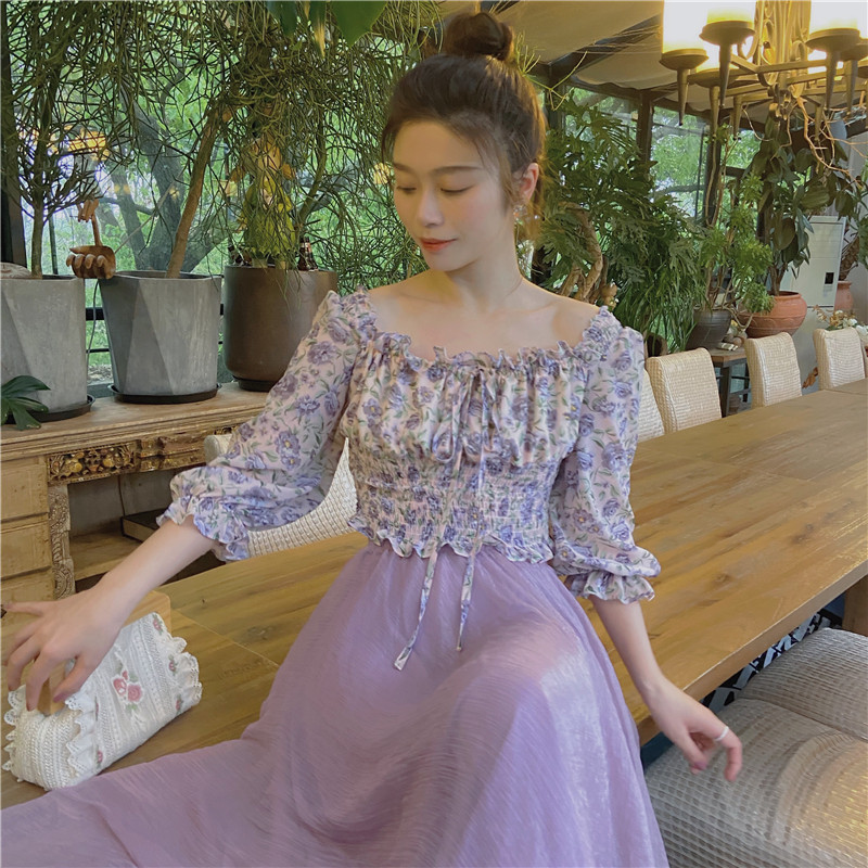 仙气夏季印花法式蓝莓之夜雪纺衫 PINK STAR SHOP蕾丝衫/雪纺衫