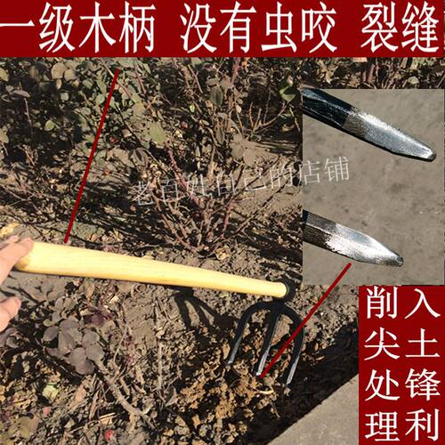印淬火农用三齿叉锄锄头耙子实木长柄农具松土种花种菜翻地包邮 - 图0