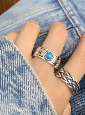 日本潮流饰品 纯银蓝松石戒指开口 男女个性气质原宿风帅气戒指