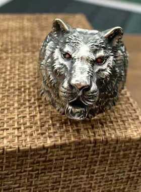 潮人朋克风帅气个性精雕夸张纯银老虎戒指 男霸气复古泰银食指戒