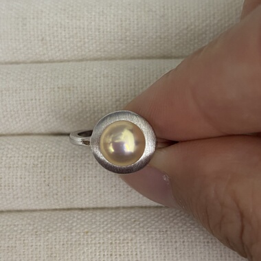 一物一链接 淡水无核馒头珠戒指 天然色极光桔金色 925银开口戒