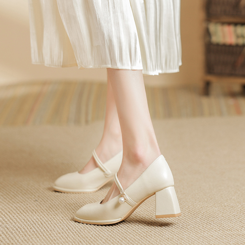 玛丽珍女鞋2025春新款粗跟高跟鞋一脚蹬浅口配裙子晚晚鞋温柔单鞋 - 图0