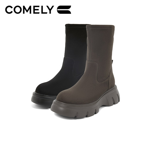 康莉厚底弹力瘦瘦靴女秋冬增高套筒靴复古百搭绒面靴短靴过膝长靴 - 图0