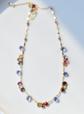 天然堇青石尖晶石14K包金项链