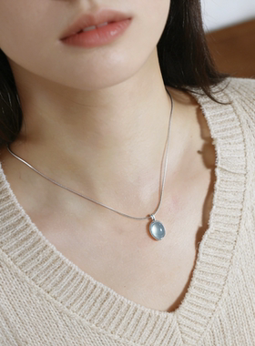 S925纯银海蓝宝椭圆项链女轻奢独特设计ins蛇骨链宝石吊坠锁骨链