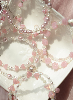 粉色琉璃珍珠双层叠戴纯银手链