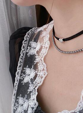 施家珍珠通体纯银鹿皮绒锁骨链