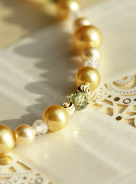轻奢南洋金施家珍珠法式复古优雅华丽橄榄绿宝石镀真金手链手串