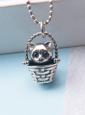 s925纯银花篮小猫吊坠项链女复古立体萌宠蓝色大眼睛猫咪项坠挂件