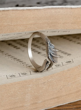 纯银守护天使翅膀街头风复古戒指