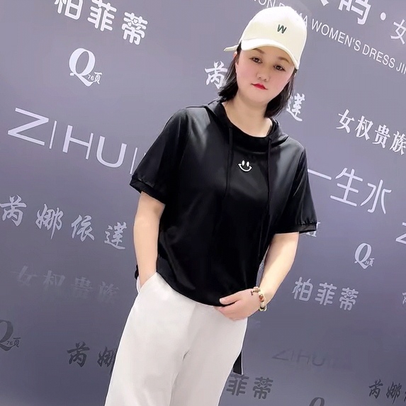 真丝缘夏季带帽宽松遮肚子薄款天丝棉简单大方T恤衫上衣加肥加大 - 图1