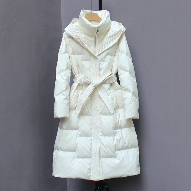 Reverse season long down jacket female over -knee thickened waist 2023 Winter slim -fitting thin white duck down jacket