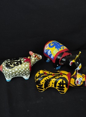 双子商店 孤品中古日本制手工和纸工艺彩绘生肖羊牛虎装饰摆件