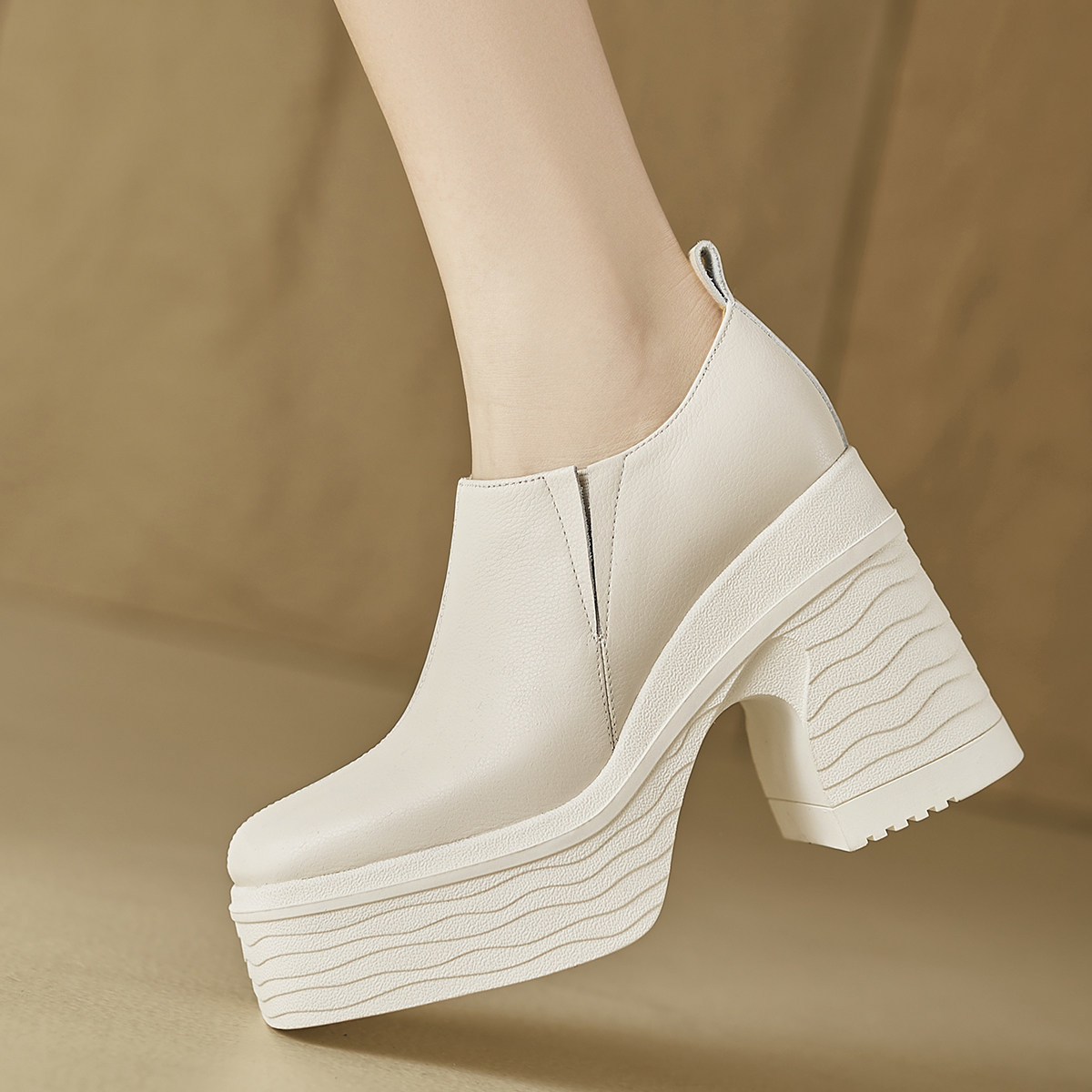 全真皮单鞋粗高跟方头鞋小个子厚底女鞋增高四季鞋松糕休闲鞋低帮,淘宝优惠券,粉丝福利购,淘宝优惠卷