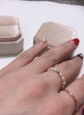 天然淡水珍珠戒指强光微瑕米形珍珠手工串珠弹力绳指环