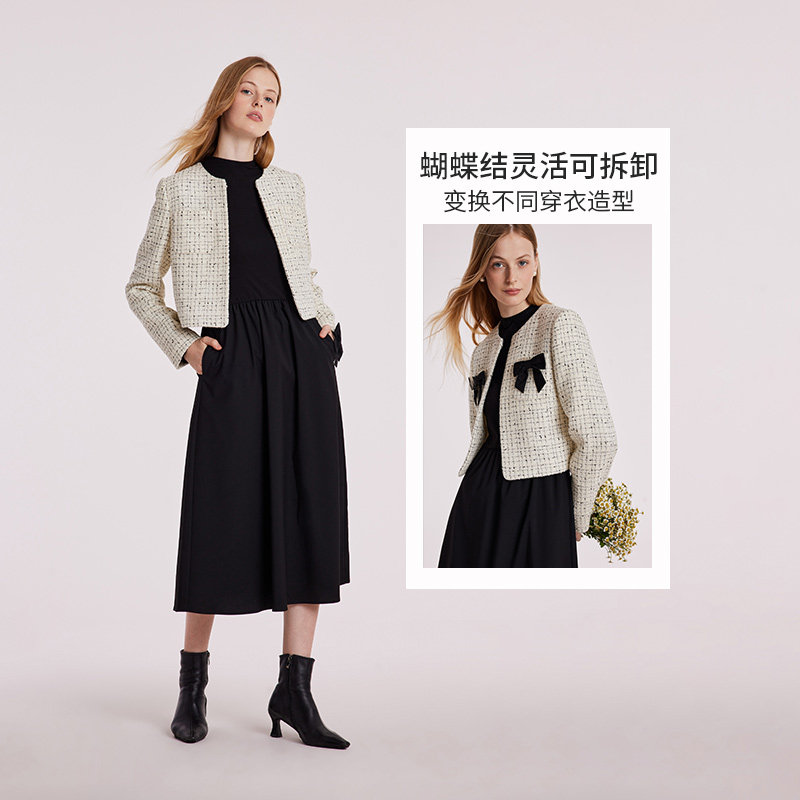 歌莉娅套装女冬季新款小香风短外套黑色连衣裙两件套1BCRAB010,淘宝优惠券,粉丝福利购,淘宝优惠卷