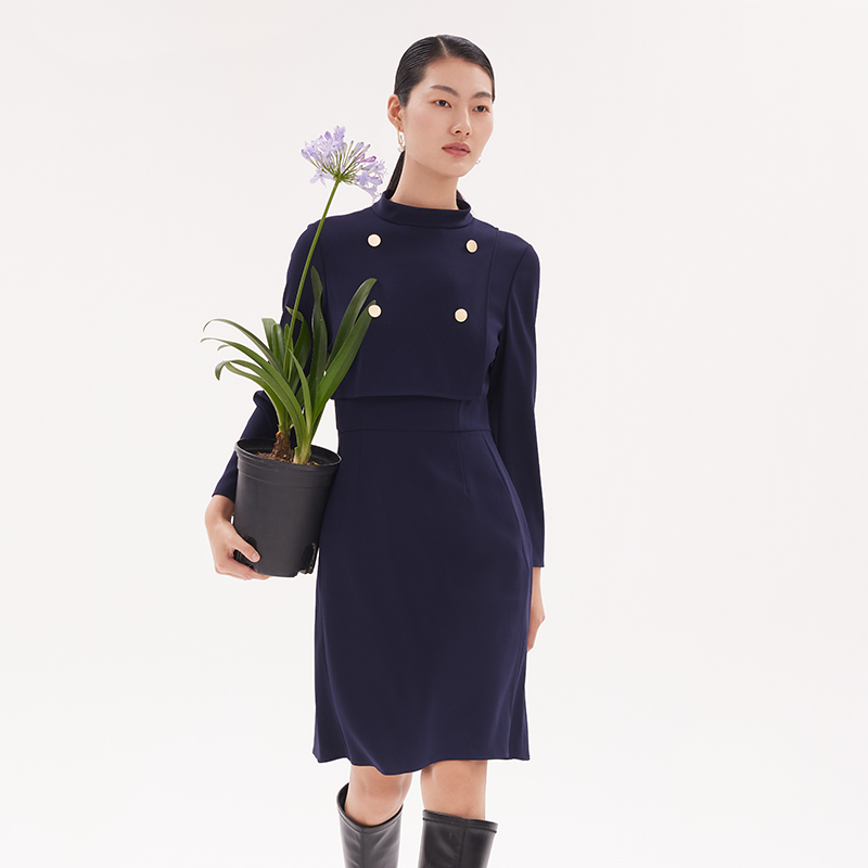 直降3折|歌莉娅秋季三醋酸立领显瘦长袖连衣裙气质通勤裙子 - 图0