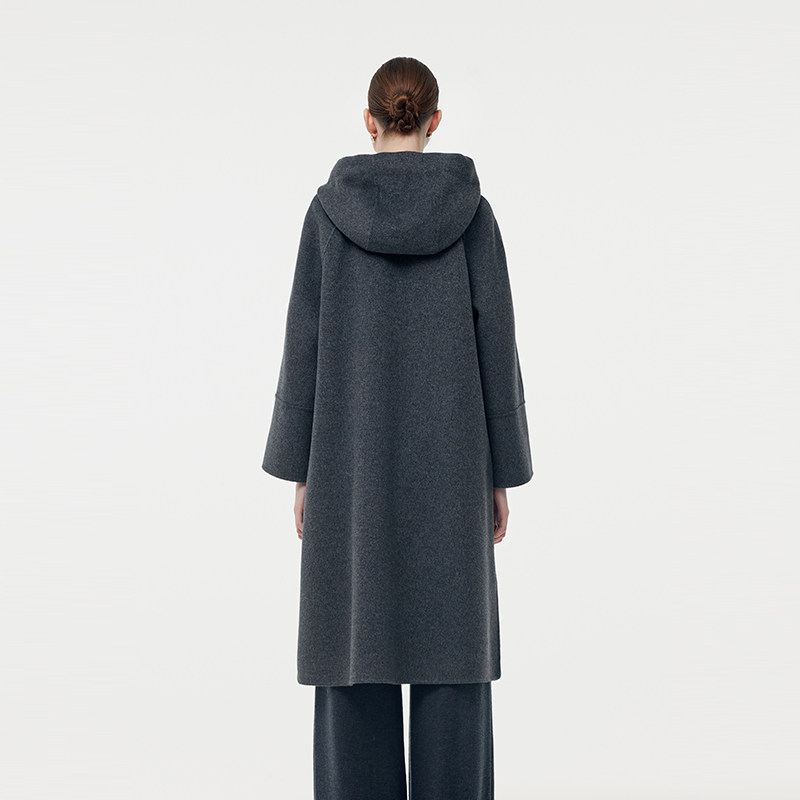 首降|歌莉娅灰色全羊毛大衣女冬季连帽拉链双面毛呢中长款外套,淘宝优惠券,粉丝福利购,淘宝优惠卷