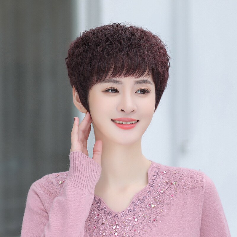 假发短发女玉米须纹理烫发型全真发蓬松自然中老年时尚妈妈发头套