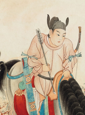 近现代 张大千 唐人行獵图人物国画装饰画高清喷绘复制临摹范本