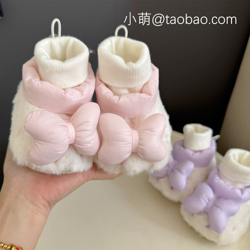 冬季婴幼儿0-1岁女宝宝软底加厚公主鞋袜一体不掉跟加绒保暖棉鞋 - 图0