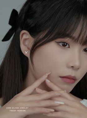 s999足银森系蝴蝶锆石耳钉韩版气质淑女学生镶钻养耳洞耳饰女礼物