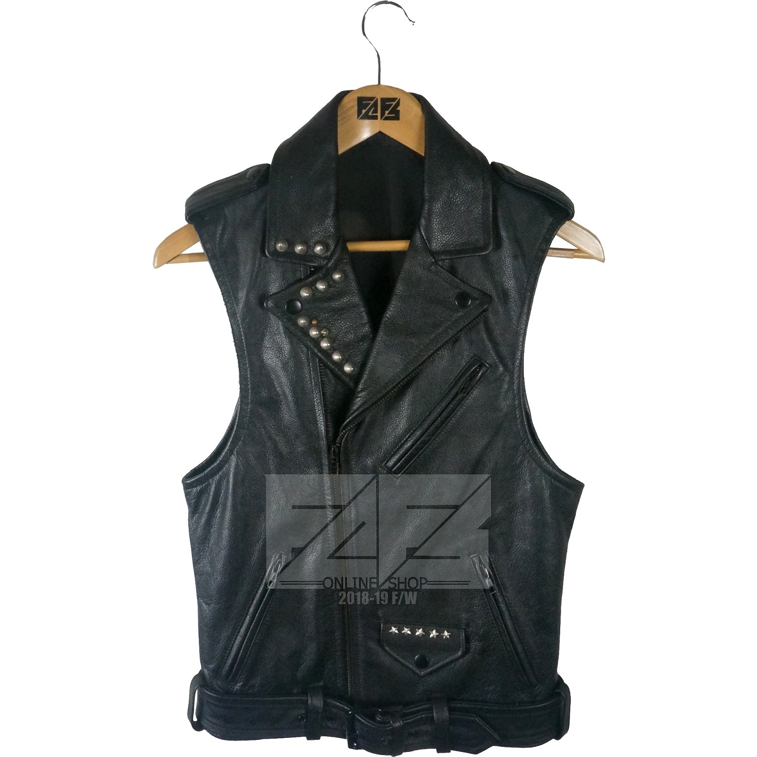 日单样品修身机车牛皮马甲铆钉 studded leather vest肩36胸86-图3