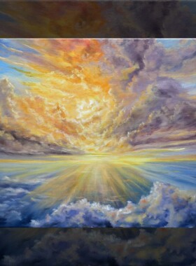 50*70cm 手绘 写实油画  夕阳 日出 河 丁达尔 LJL涂 挂画 风景