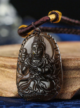 冰种黑曜石属马者本命佛吊坠