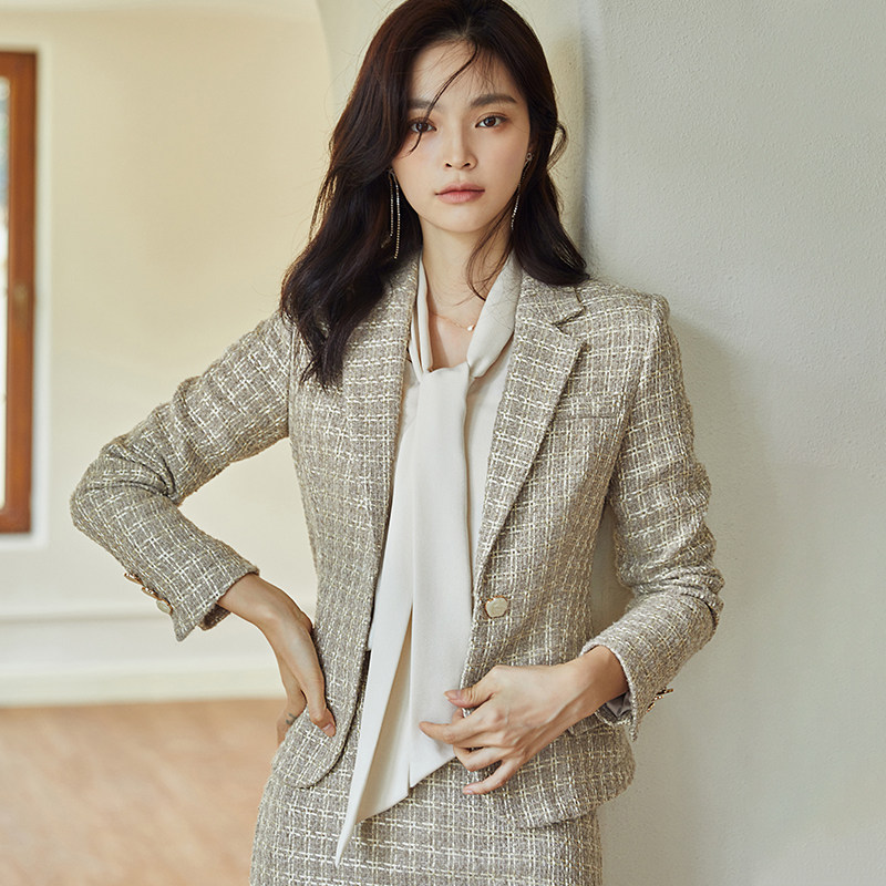 罗衣小香风粗花呢浅卡其套装女春职业西装外套半身裙两件套05481,淘宝优惠券,粉丝福利购,淘宝优惠卷