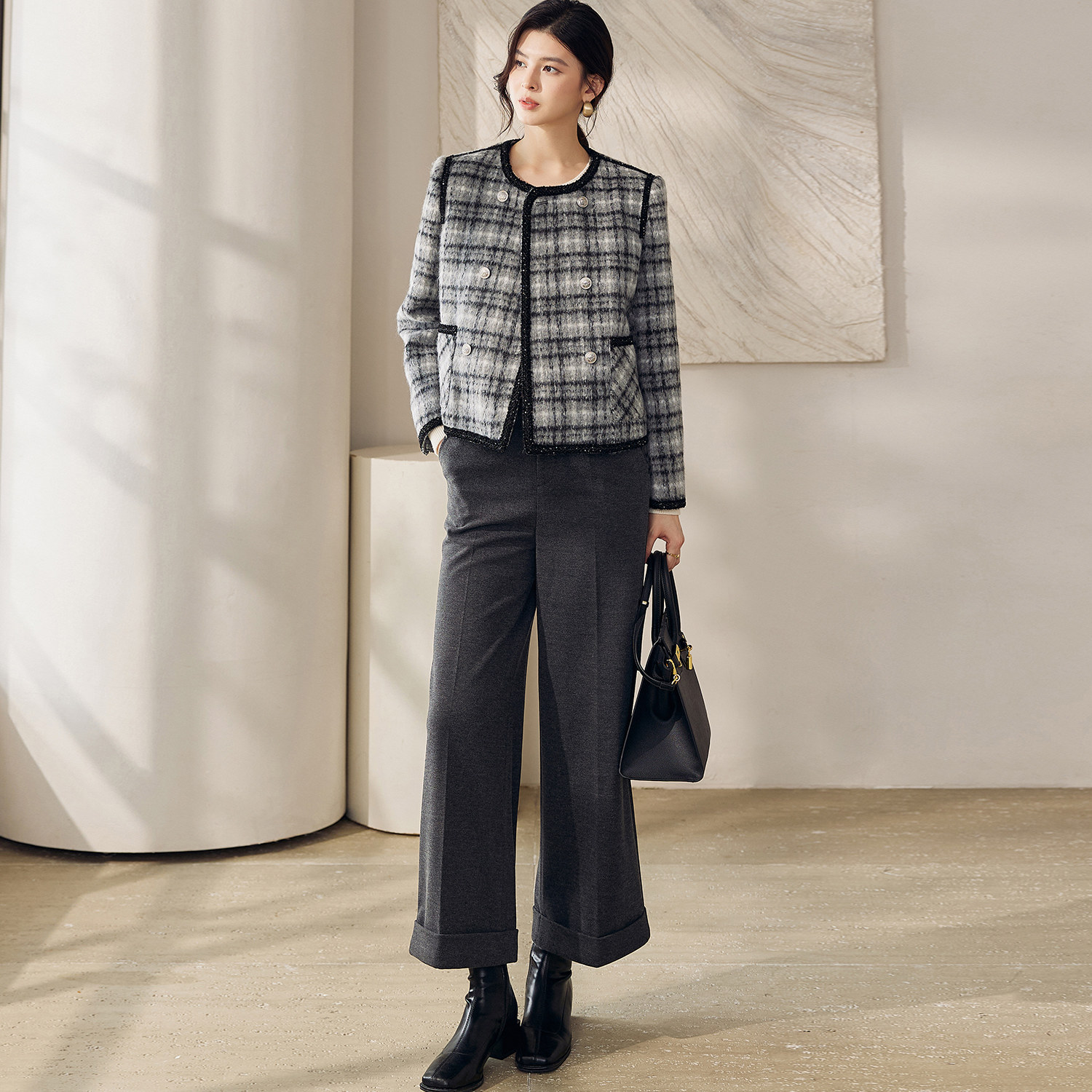 罗衣高级粗花呢短款格子毛呢外套女冬季精致正肩小香风上衣13059,淘宝优惠券,粉丝福利购,淘宝优惠卷