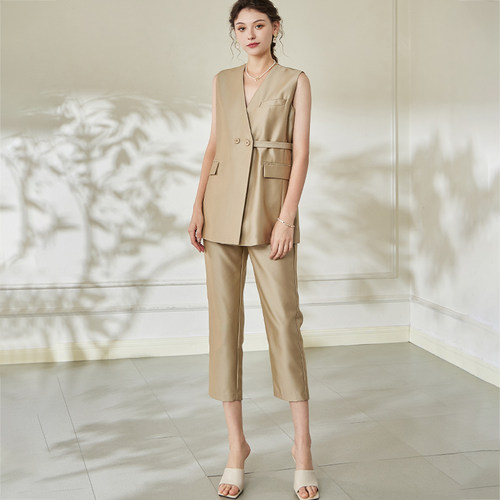 罗衣气质通勤黑色套装女夏季时尚休闲无袖上衣九分裤两件套09029 - 图0