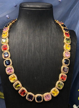 中古vintage饰品法式复古铜材质彩色切面钻微奢项链手链耳环套装