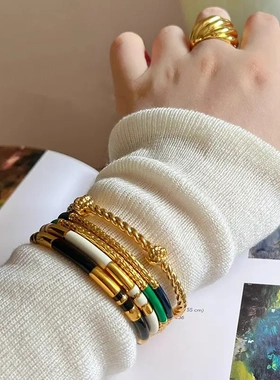 法国小众复古金属高质感春夏新款开口手镯时尚气质珐琅细手饰女