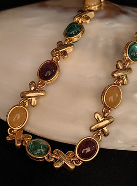 原版复刻中古vintage重工双面糖果彩色琉璃项链复古镀真金女吊坠