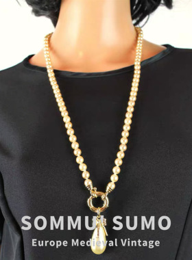 vintage古着 优雅婉约香槟色手工打结珍珠蝴蝶结水滴吊坠长款项链