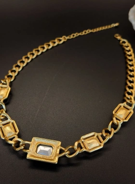 复古几何矩形八边形绿色莱茵石镶钻链条项链女时尚气质饰品