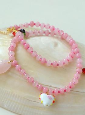 甜酷辣妹风小众ins彩色爱心锆石吊坠夏天粉水晶小鱼项链锁骨链